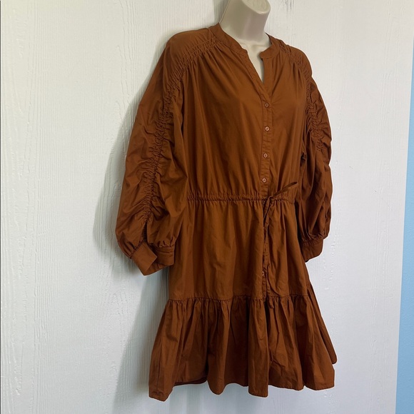 Astr The Label - Cognac Ruched Flounce Button Down Long Sleeve Mini Dress Medium - Picture 3 of 10
